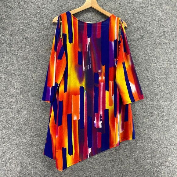 New IC Blouse Women L Large Blue Geometric Cold Shoulder 3/4 Sleeve Round Neck - Picture 2 of 10